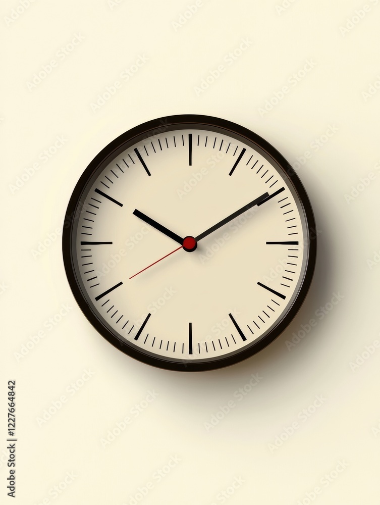 Fototapete minimalist wall clock displaying time with black and red hands on a cream background. generative ai