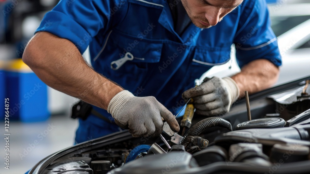 Poster a mechanic working on a vehicle with visible tools and oil stains isolated