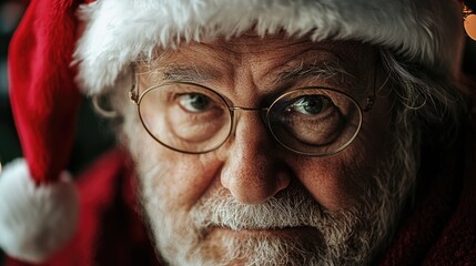 Portrait of elderly man wearing Santa hat, conveying Christmas spirit with warm expression and festive atmosphere.