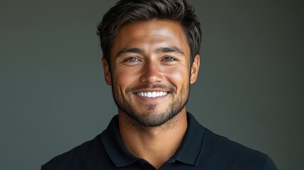 Fototapeta premium Confident man in black polo shirt showcasing a bright smile against a neutral background emphasizing warmth and approachability.