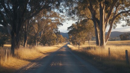 Fototapeta premium Serene country road framed by trees under soft evening light creating a peaceful rural landscape