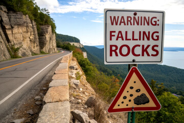 A road sign warns of falling rocks along a scenic highway, surrounded by cliffs and a picturesque landscape.