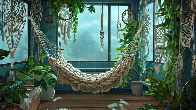 A boho-style living space filled with macram&eacute; wall hangings, potted plants, soft knitted hammock. The rain mesmerizing water patterns glass window, gentle breeze moves the dreamcatchers, anime-style