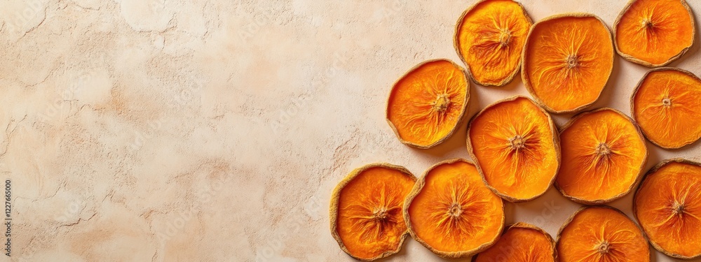 Poster dried persimmons slices on beige background with warm orange hues and ample copy space for text in a