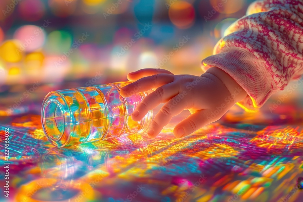 Aufkleber child exploring colorful light reflections with glass objects on a vibrant surface
