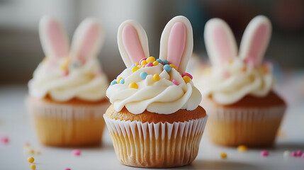 Easter-themed cupcakes decorated with bunny ears and colorful sprinkles on a white table