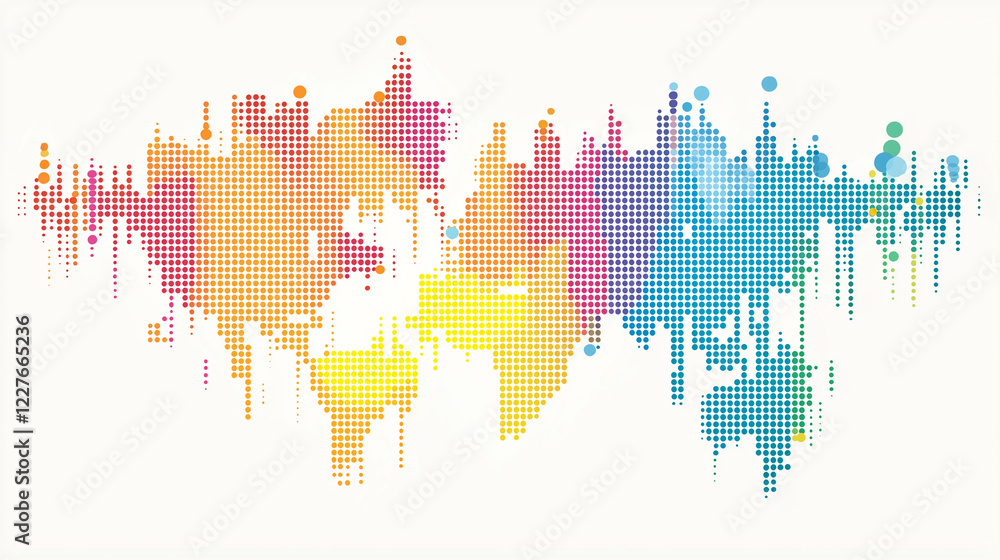 Poster a vibrant and contemporary interpretation of a world map, rendered in a pixelated and colorful style