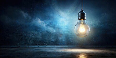 A single glowing lightbulb suspended in mid-air amidst a dark room with faint moonlight peeking through the window