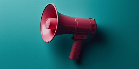 A pastel pink megaphone on a serene turquoise background symbolizes peaceful expression, non-violent dialogue, and global unity, with soft lighting enhancing its minimalist, hopeful message. 
