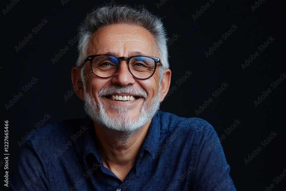 Poster a portrait of a senior man with a kind smile isolated on a black background