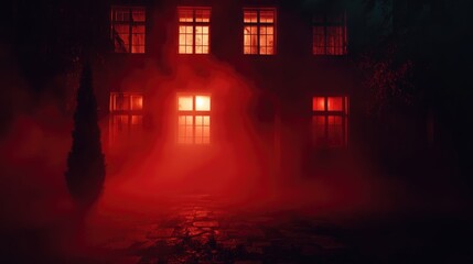 Eerie house at night with red glowing windows foggy garden and spooky trees creating a haunting atmosphere perfect for Halloween themes