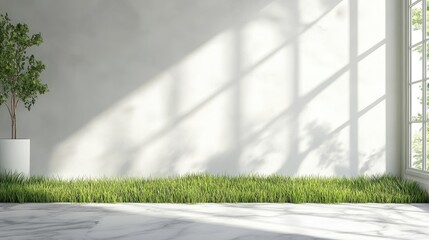 Modern minimalist interior featuring marble flooring and lush grass backdrop with sunlight filtering through large windows.