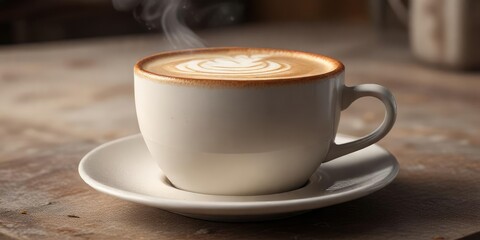 Richly textured photo of a ceramic coffee cup containing a velvety-smooth frothy cappuccino, rich, coffee
