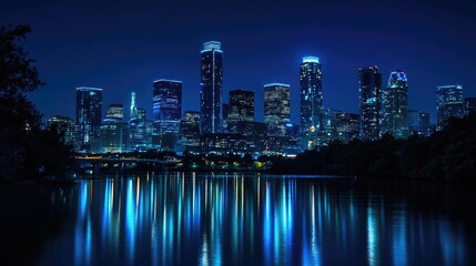 Fototapeta premium City Skyline at Night with Illuminated Skyscrapers Reflecting on Water Surface in Blue Tones