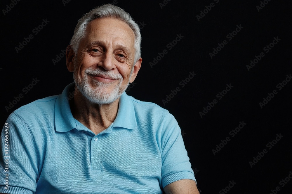 Poster a portrait of a senior man with a kind smile isolated on a black background