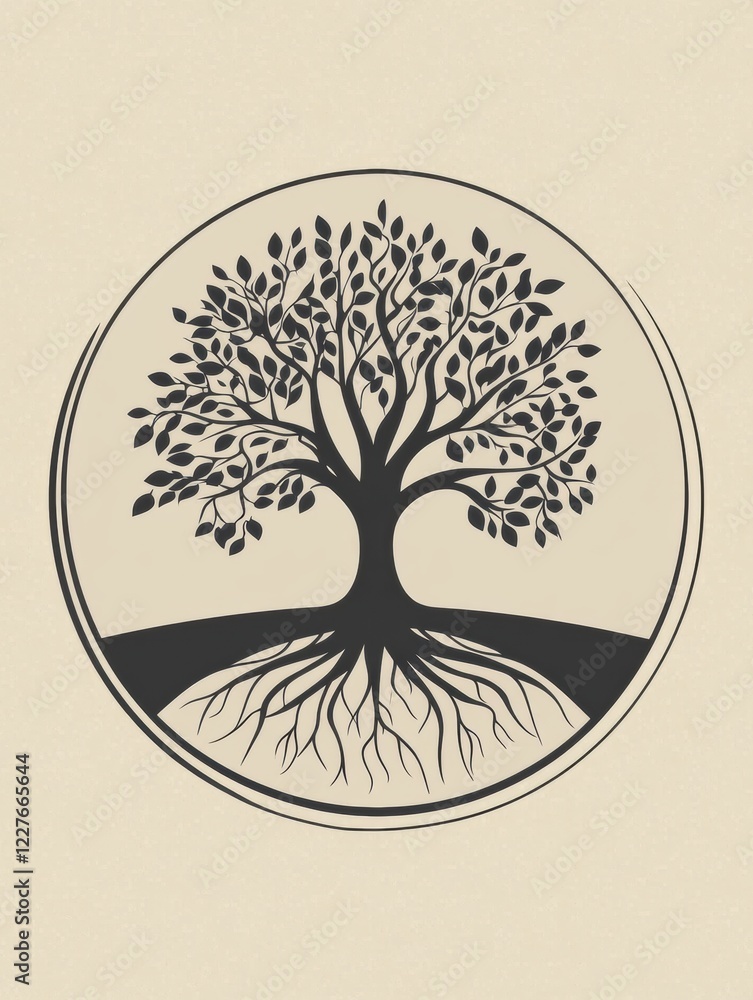 Fototapete tree of life design showcasing distinct roots with a minimalist circular outline, perfect for nature