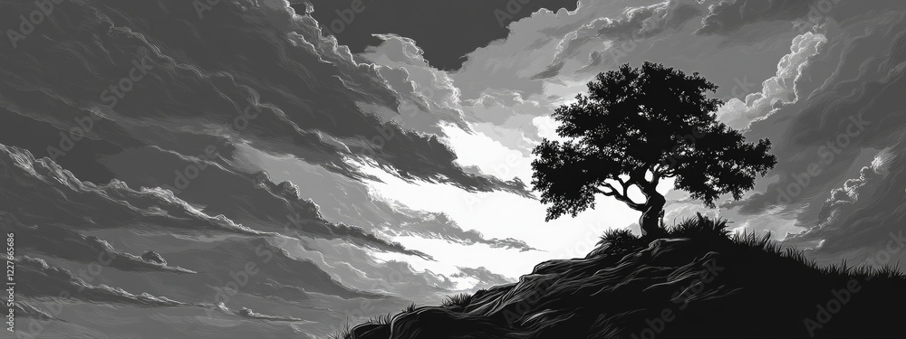 Poster dramatic black and white landscape with isolated tree on hill under high contrast clouds and open sp