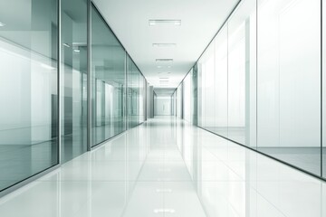 Fototapeta premium Bright corridor with glass walls, sleek reflective surfaces, and abundant natural light, creating a futuristic and open architectural design.