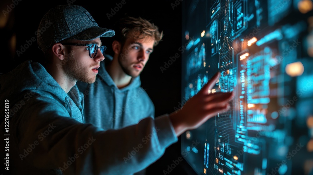 Poster two individuals interact with a futuristic digital interface, showcasing technology and collaboratio