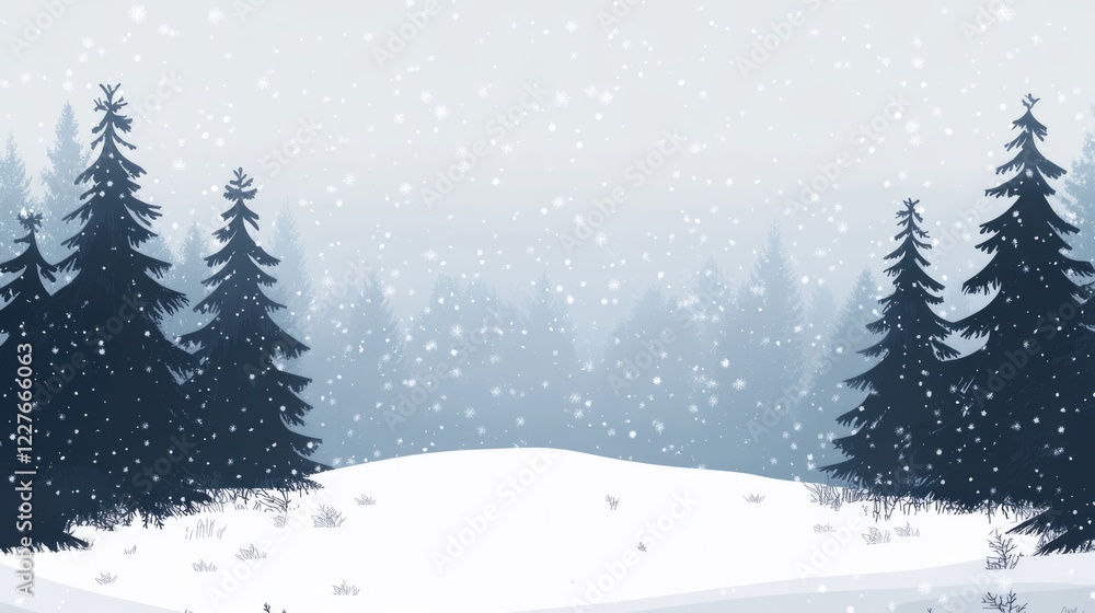 Poster winter forest landscape with snow-covered fir trees in a serene atmosphere featuring falling snow an