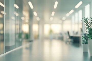 Bright office interior with glass walls, minimalistic furniture, and natural elements like indoor plants, creating a clean and inviting workspace.