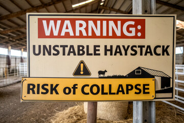 Obraz premium A warning sign indicating an unstable haystack and the risk of collapse, highlighting safety concerns in a barn environment.