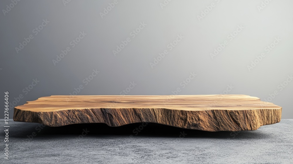Poster rustic wooden tabletop with natural edges displayed against a minimalistic gray background for food 
