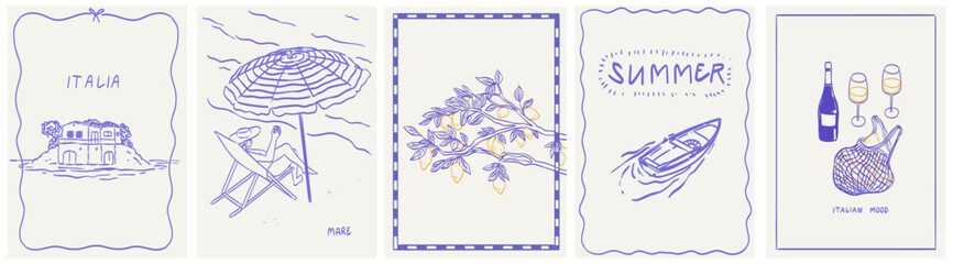 Italian summer vacation doodle style poster set. Vector ink hand drawn Italy coast sea or beach printable placards. Sea weekend or rest drawings for cafe or restaurant decor, party invitations.