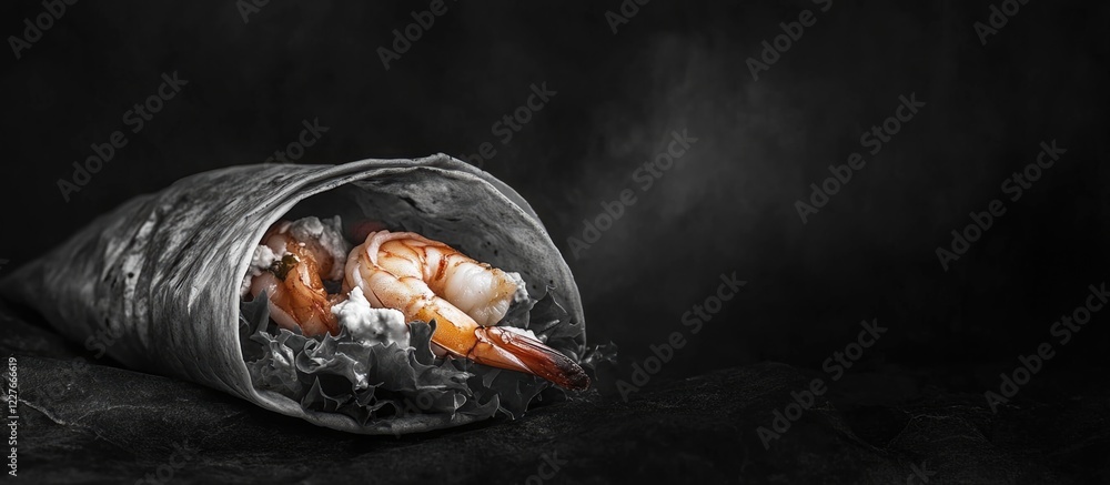 Poster monochrome shrimp taco with fresh lettuce and tomato on dark background featuring empty space for te