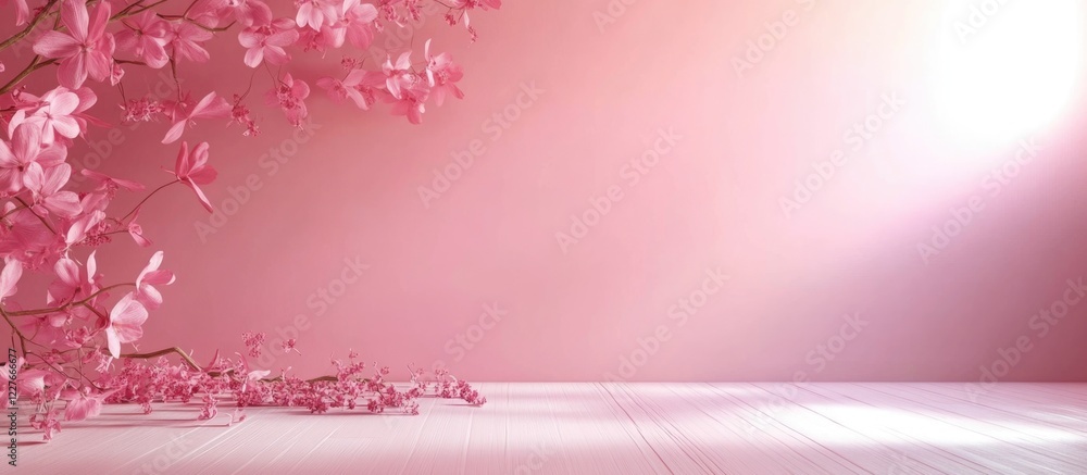 Poster minimalistic interior with abstract honeysuckle pink wall and empty floor space ideal for text place