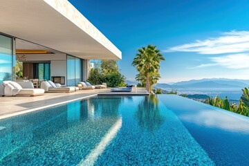Fototapeta premium Luxurious villa with infinity pool surrounded by greenery and a clear blue sky