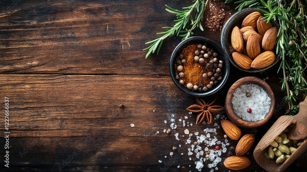 Poster almonds with assorted spices and fresh rosemary arranged on a rustic wooden table for culinary backg