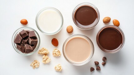 Creative arrangement of healthy smoothie ingredients including chocolate, syrups, nuts, and oats on a clean white background for culinary use