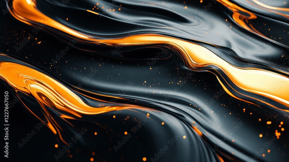 Poster abstract image of flowing black and gold liquid with glittering particles. dark background with dyna