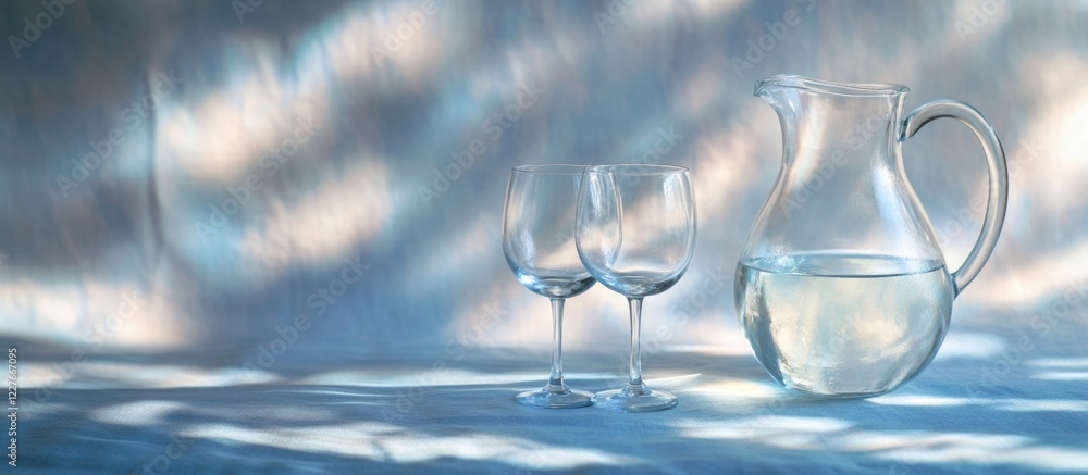 Poster glass pitcher and two elegant drinking glasses filled with fresh water on a soft blue background wit