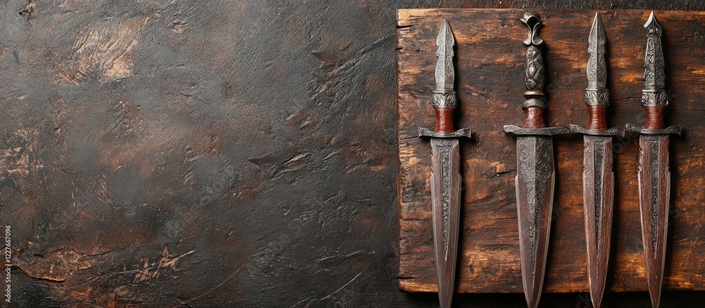 Poster moroccan spears and daggers elegantly arranged on a rustic wooden display with ample negative space 