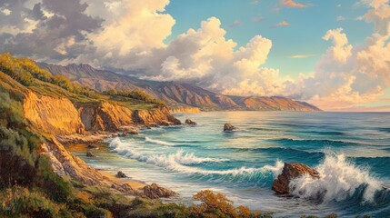 Obraz premium Serene coastal landscape featuring rugged cliffs, gentle ocean waves, and dramatic skies at sunset showcasing nature's beauty.