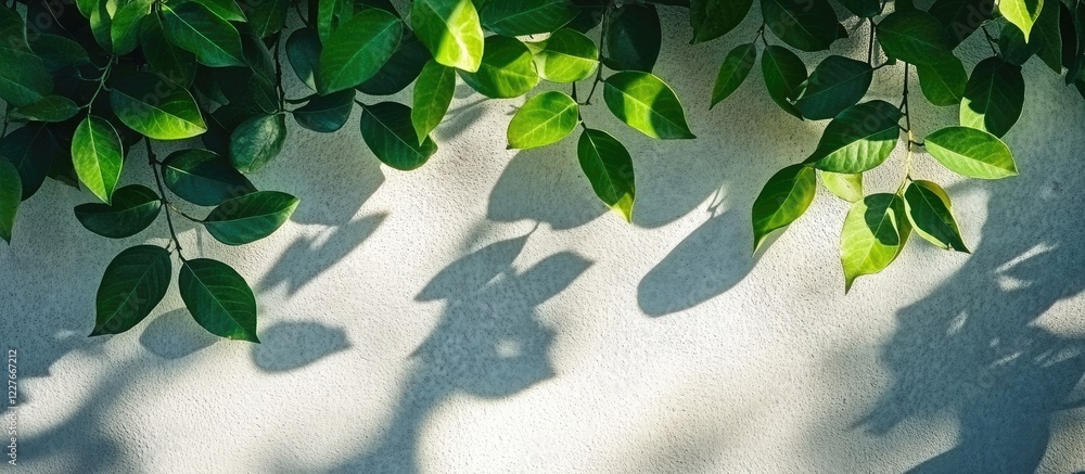Poster textured background of green leaves casting shadows on a wall natural earthy tones perfect for addin