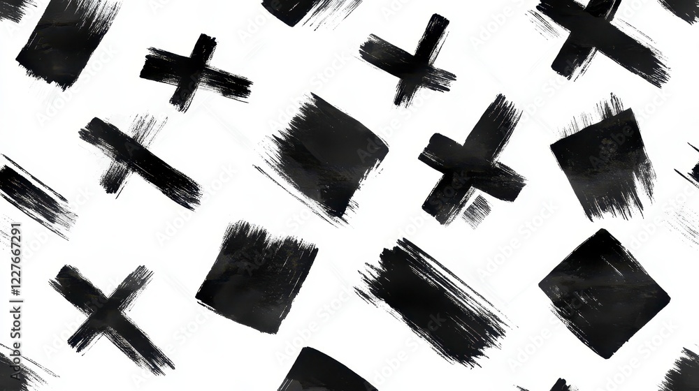 Poster abstract seamless pattern with black brush strokes on a white background. it includes plus signs and
