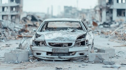 Abandoned Sedan in Scrapyard, a stripped vehicle's frame elevated on concrete blocks, surrounded by rusting metal and debris, evoking themes of decay and neglect