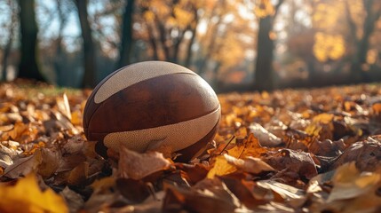Wooden rugby ball resting on vibrant autumn leaves with a serene background, capturing the spirit of sport in nature's beauty.
