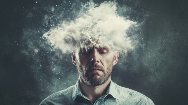 Man experiencing mental health challenges with abstract cloud imagery illustrating thoughts and emotions in a creative way