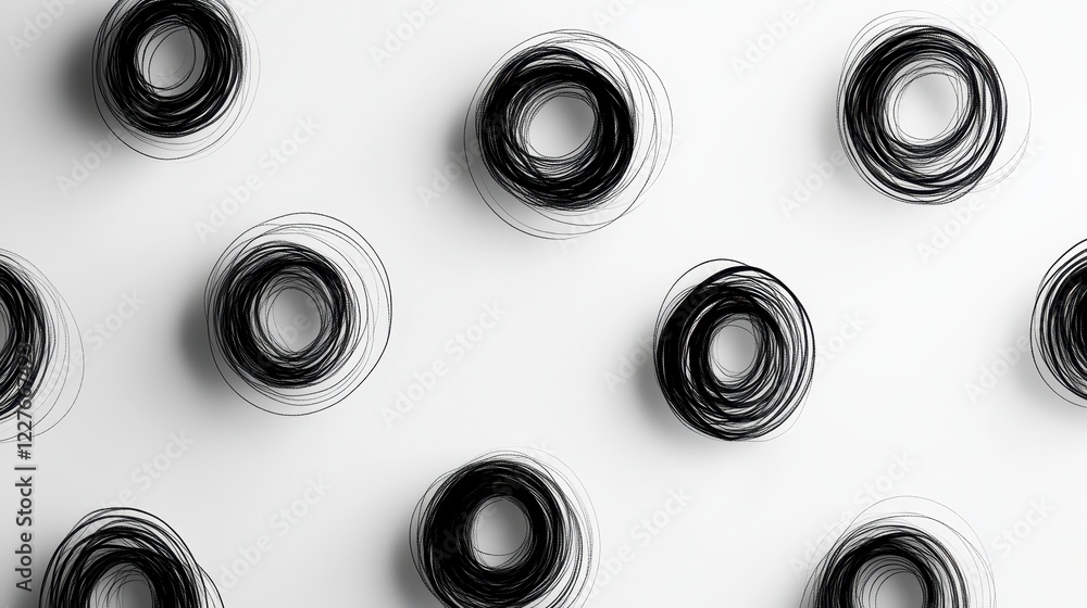 Poster abstract background with scattered black circular brushstrokes on a white surface. the texture is sl