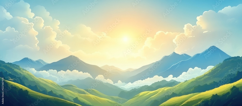 Poster mountain range panorama with dramatic clouds and sunlight creating an inviting empty space for text 