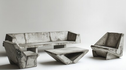 Concrete Furniture in Contemporary Living Room Stylish Minimalist Design with Sofa Chairs and Unique Table Arrangement