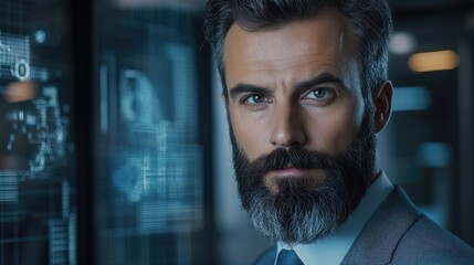 Sophisticated man with a well-groomed beard and mustache in a modern technological environment geared towards innovation and professionalism