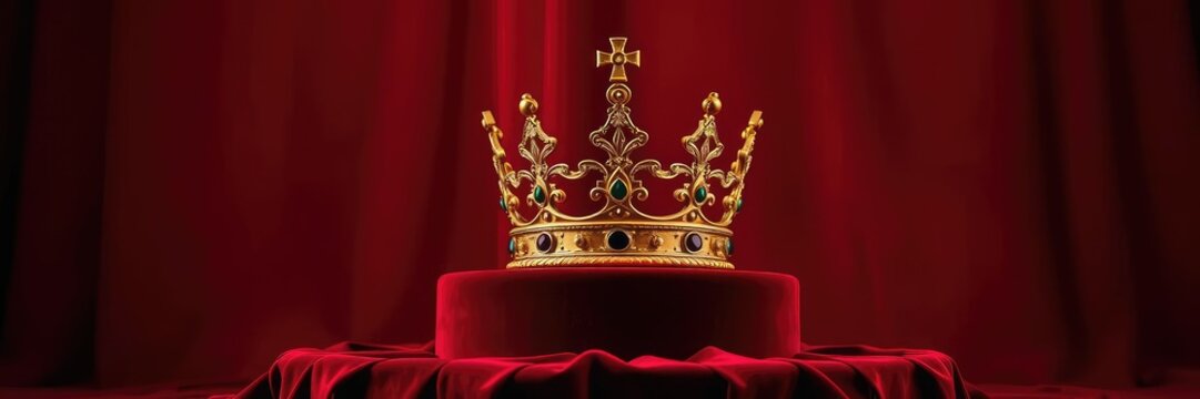 Regal gold crown perched atop a black velvet pedestal amidst a crimson red background with subtle texture and depth effects added, red color scheme, luxury, velvet