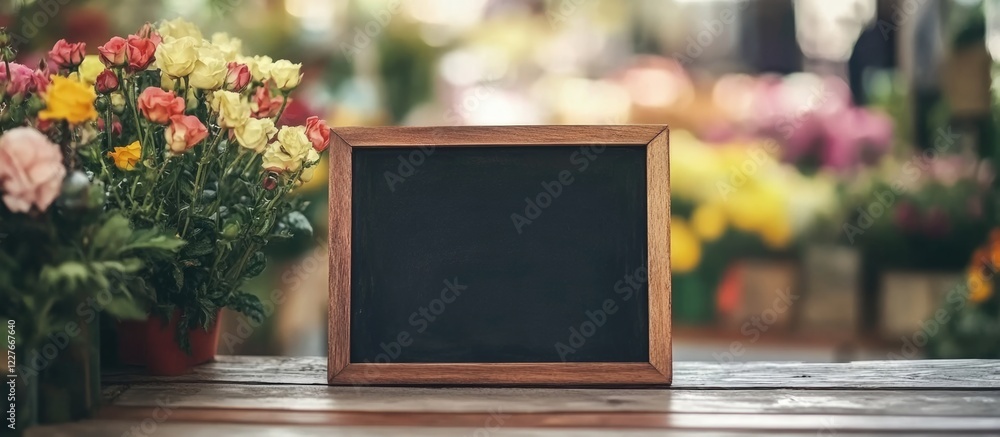 Poster chalkboard display in floral setting with blurred background ideal for product promotion and customi