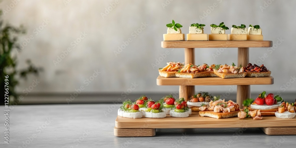 Poster assorted appetizers and cheeses elegantly arranged on wooden display with neutral background and amp