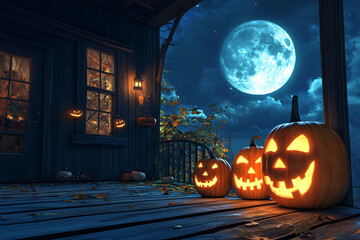 Obraz premium Spooky Halloween Gift Box with Glowing Jack-o'-Lanterns and Eerie Atmosphere Surrounded by Pumpkins and Autumn Leaves in a Mystical Night Scene